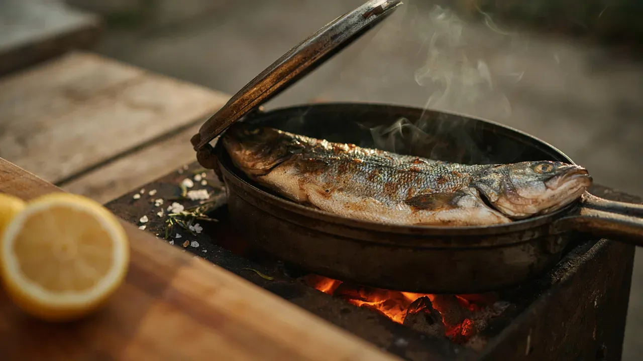 A whole fish cooking in a lidded metal pan over glowing charcoal