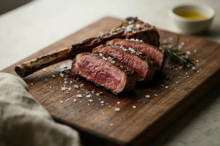 A thick bone-in rib steak sliced on a wooden board with coarse salt