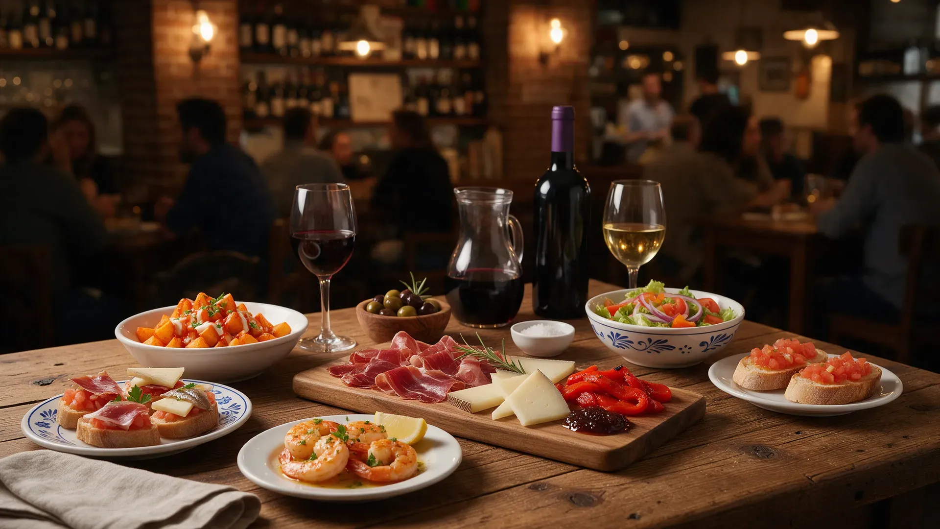 A spread of Spanish tapas dishes on a wooden table in a dimly lit bar
