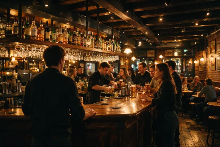 A lively bar interior at night with people at the counter and warm lighting
