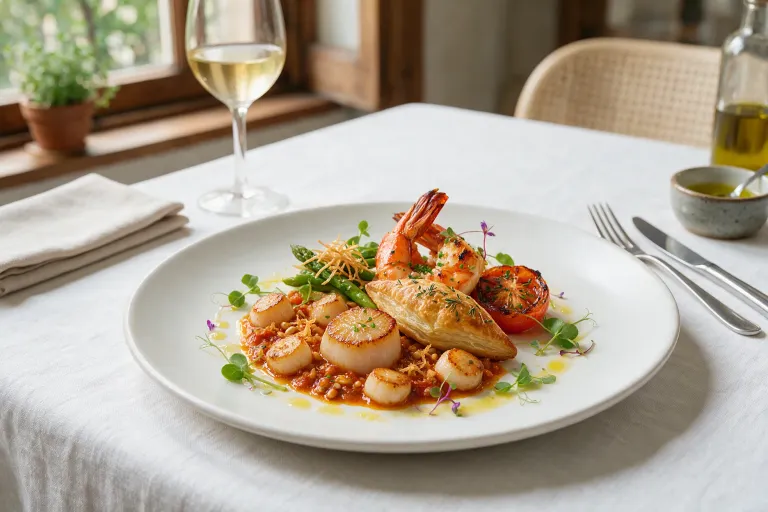 A plated modern Spanish dish with careful presentation on a white tablecloth