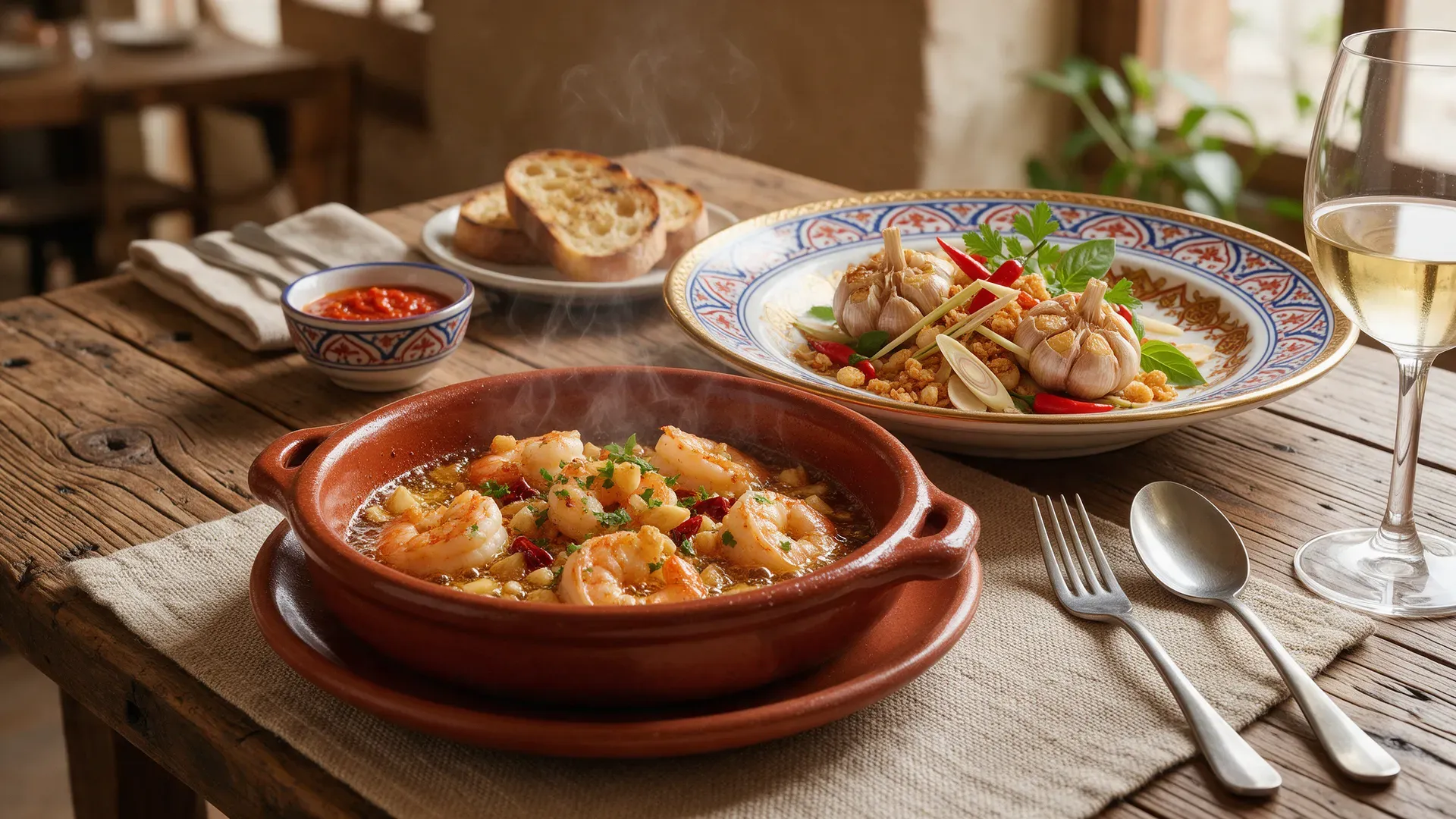 Sizzling garlic prawns in a terracotta dish beside a plate topped with golden fried garlic and whole garlic heads