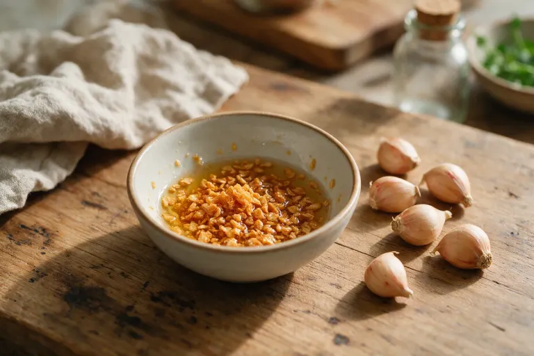 A small bowl of golden fried garlic in oil beside small unpeeled garlic cloves on a wooden board