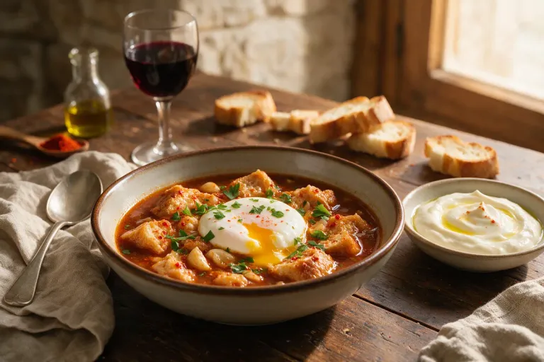 A bowl of garlic soup with bread, paprika and a poached egg next to a bowl of white garlic sauce