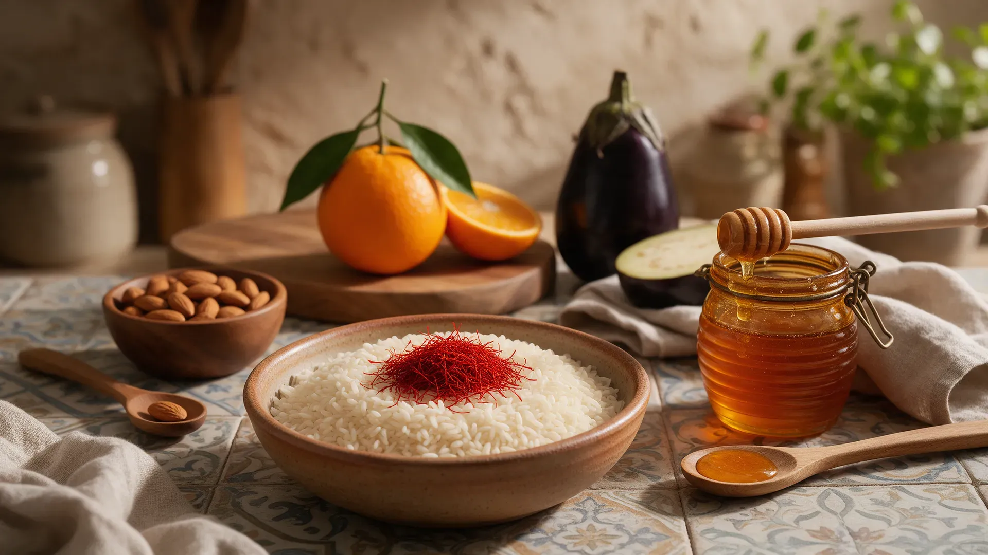 Saffron threads, almonds, oranges, aubergines, rice and honey arranged on patterned tiles