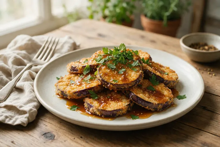 Fried aubergine slices drizzled with dark cane honey on a plate