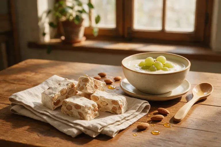 Pieces of almond and honey nougat beside a bowl of white almond soup with grapes