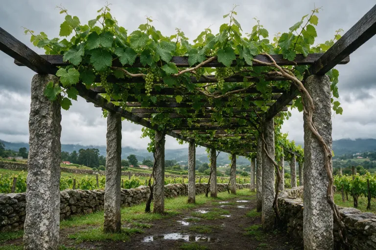 Vines trained high on a pergola supported by granite posts in a green rainy landscape