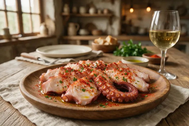 Slices of boiled octopus dusted with paprika on a wooden plate beside a glass of white wine