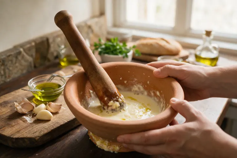 Hands pounding garlic and olive oil in a clay mortar