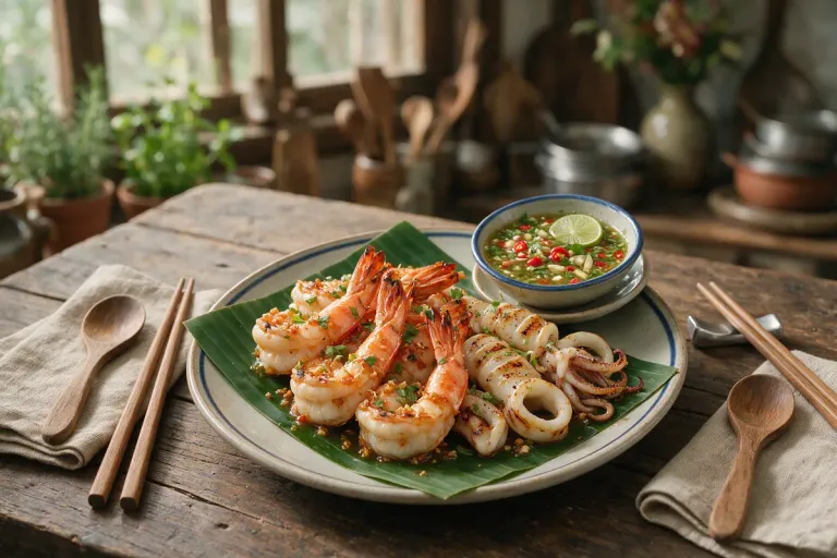 Grilled prawns and squid with a bowl of green chilli seafood dipping sauce