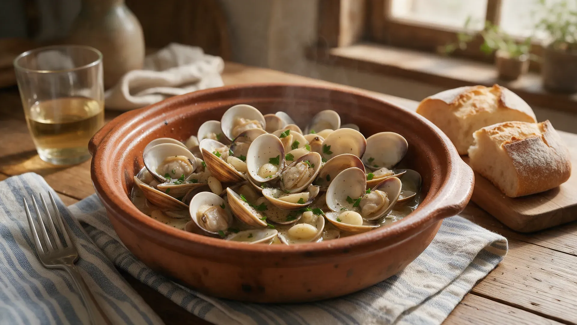 Illustration: a clay dish of clams in a garlic and white wine sauce with bread