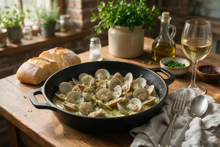Illustration: a pan of clams in a pale wine sauce with chopped parsley