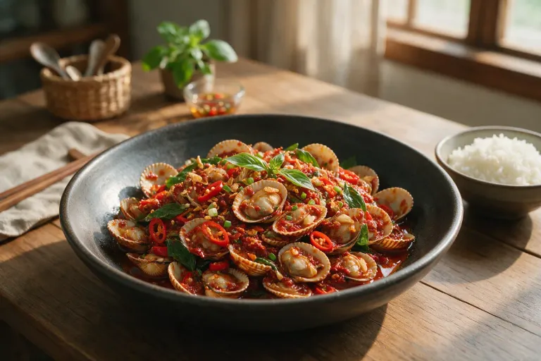 Illustration: stir-fried clams with chilli paste and basil leaves in a dark bowl