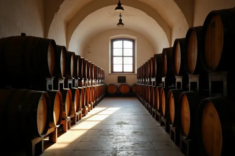 Rows of old wooden sherry barrels stacked in a dim cellar
