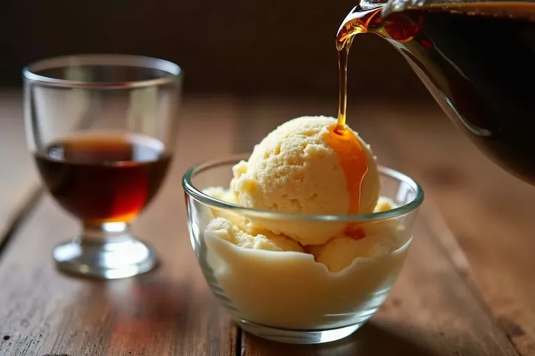 A scoop of vanilla ice cream with dark sweet sherry poured over it in a small glass bowl