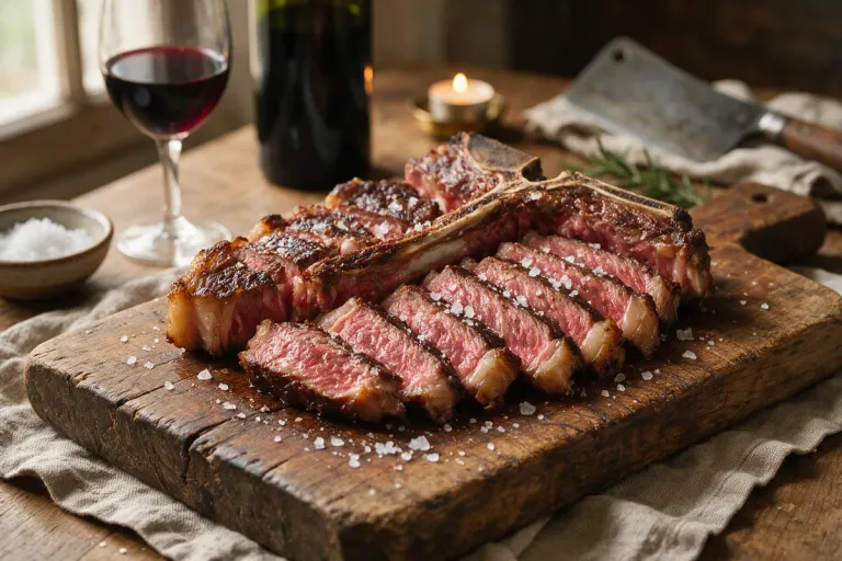 A thick beef rib steak sliced on a wooden board and sprinkled with coarse salt