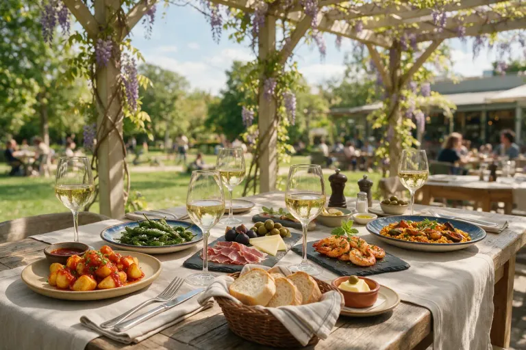 Small Spanish plates and glasses of white wine on an outdoor table beside a green park