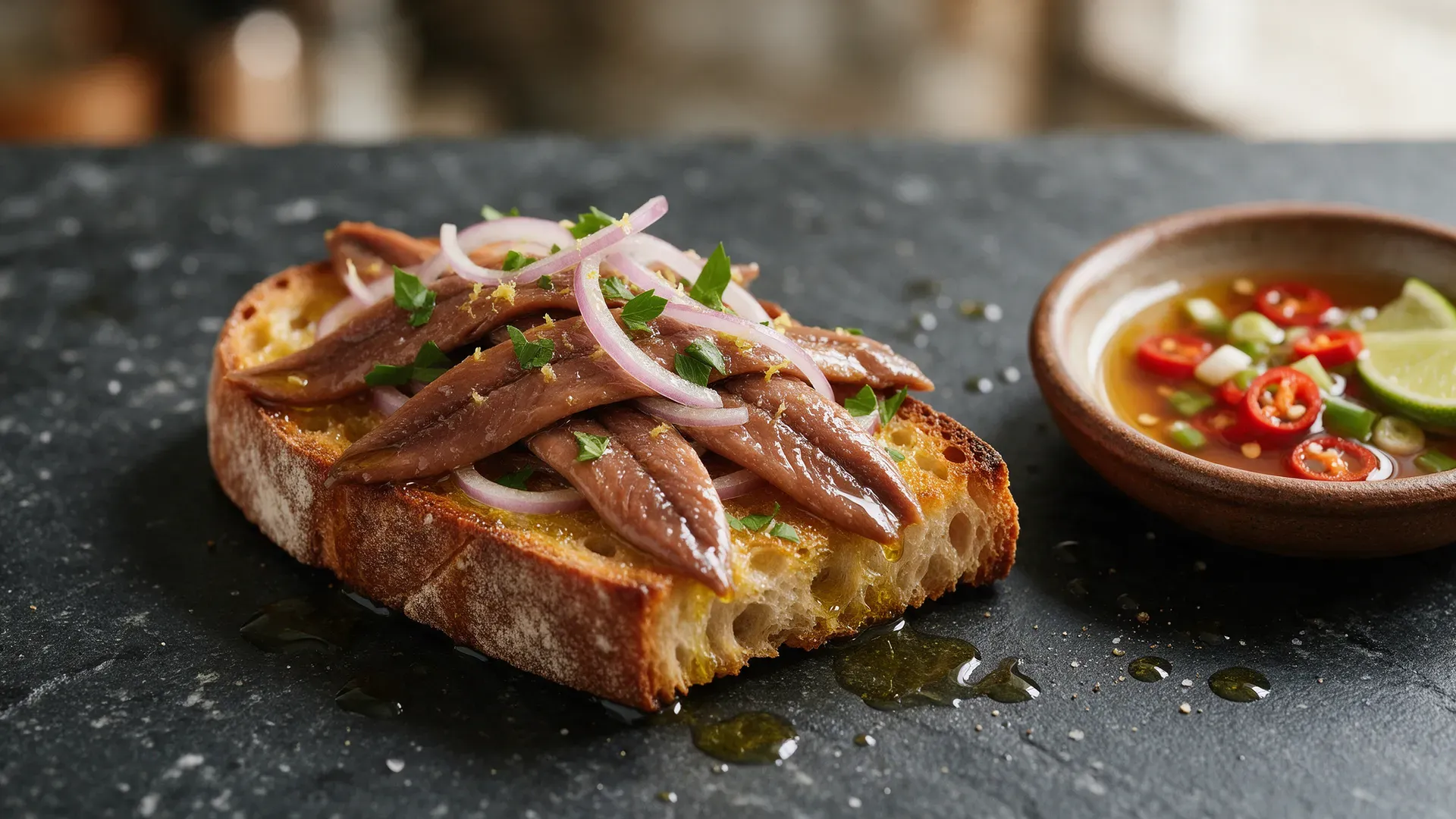 Cured anchovy fillets on toasted bread beside a small bowl of fish sauce with sliced red chillies and lime