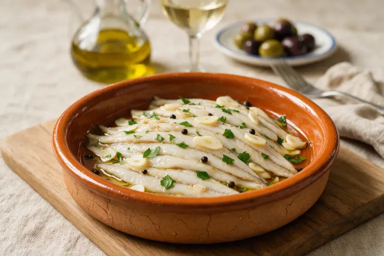 White marinated anchovy fillets with garlic, parsley and olive oil in a terracotta dish