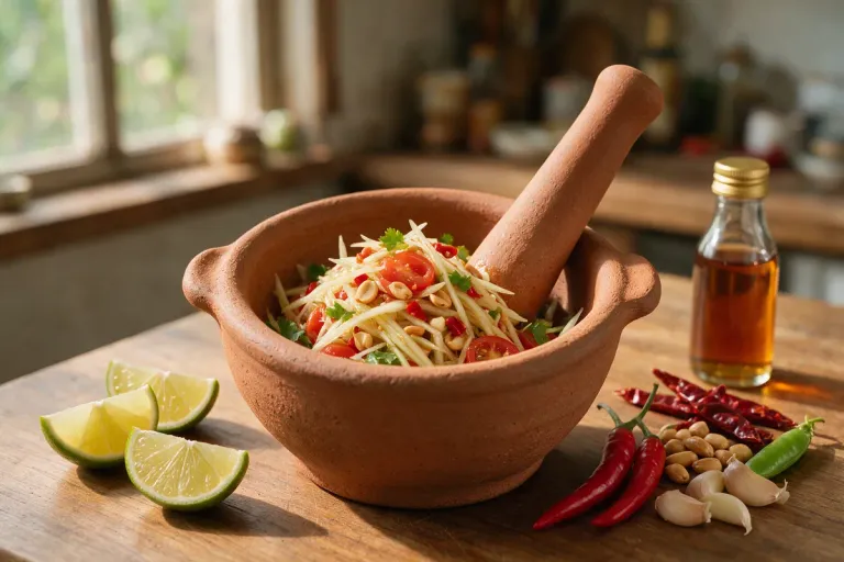 Green papaya salad in a clay mortar with lime, chillies and a small bottle of fish sauce