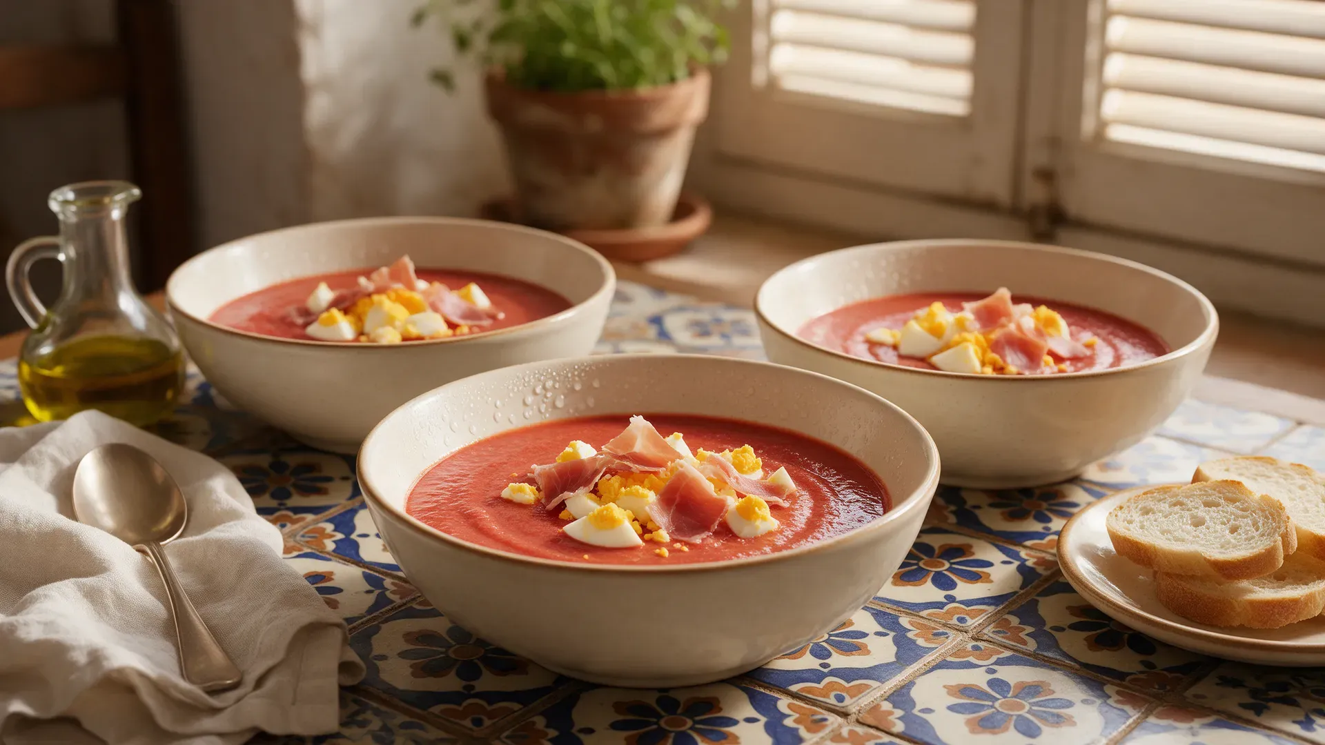 Bowls of chilled salmorejo topped with egg and ham on a tiled table