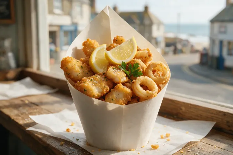 A paper cone of mixed fried fish and squid with lemon wedges