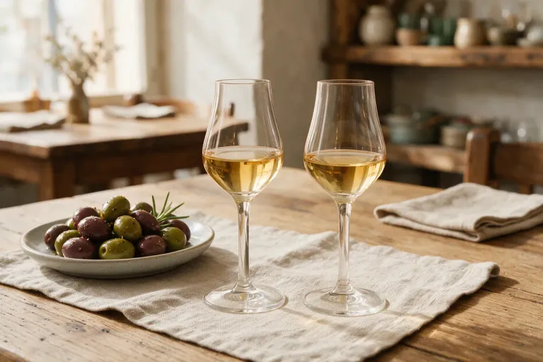 Copitas of pale dry sherry beside a small plate of olives