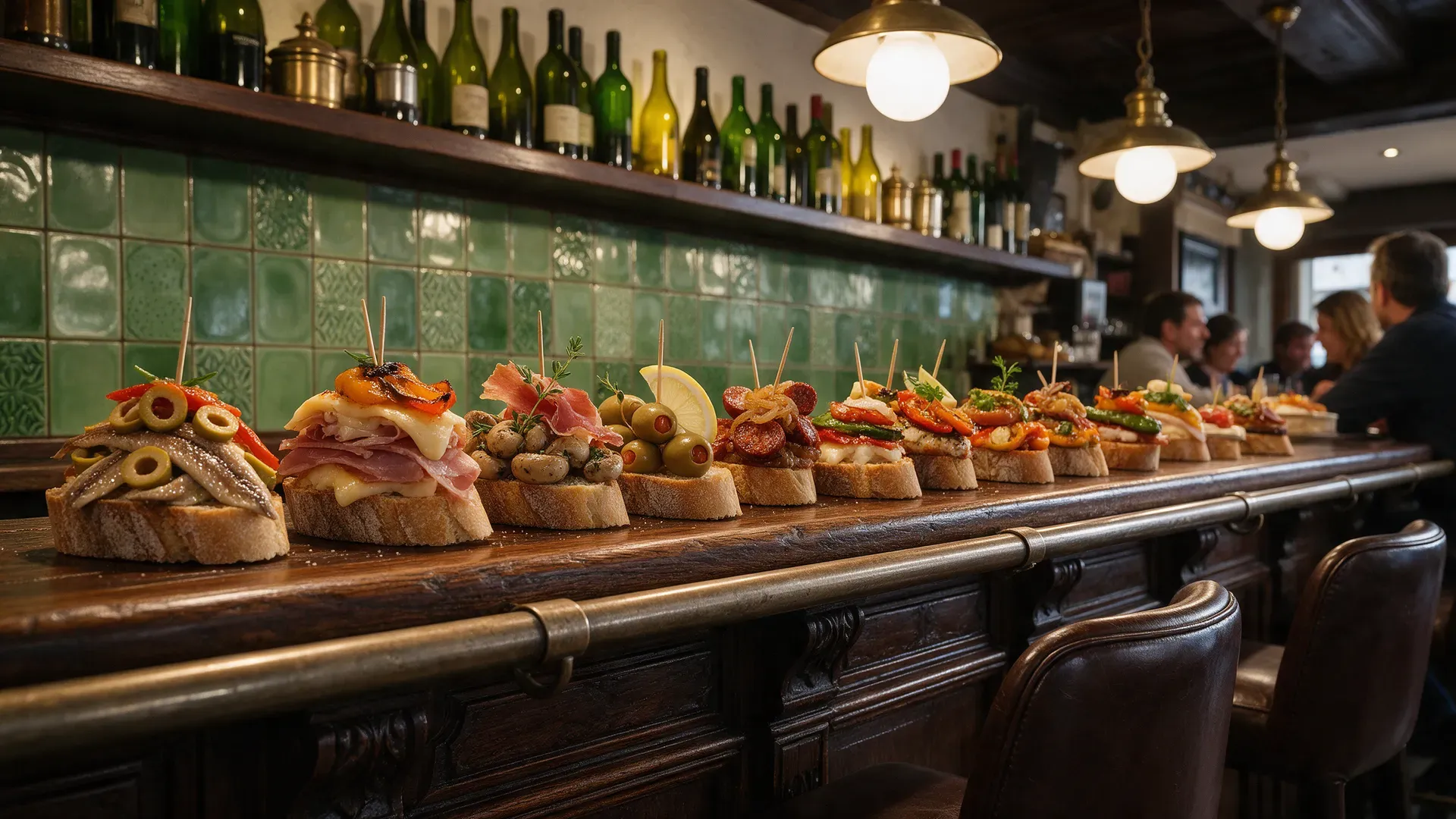 A dimly lit bar counter lined with small skewered bites on bread, green tiles on the wall behind