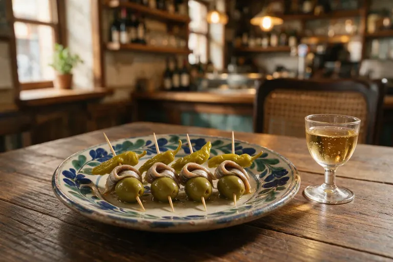 A plate of gildas — olive, anchovy and pickled pepper on cocktail sticks — beside a small glass of dry sherry