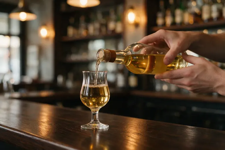 Hands pouring pale dry sherry from a bottle into a small tulip glass on a dark bar counter
