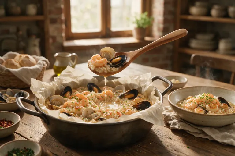 A deep pot of brothy rice with seafood being served into a shallow bowl