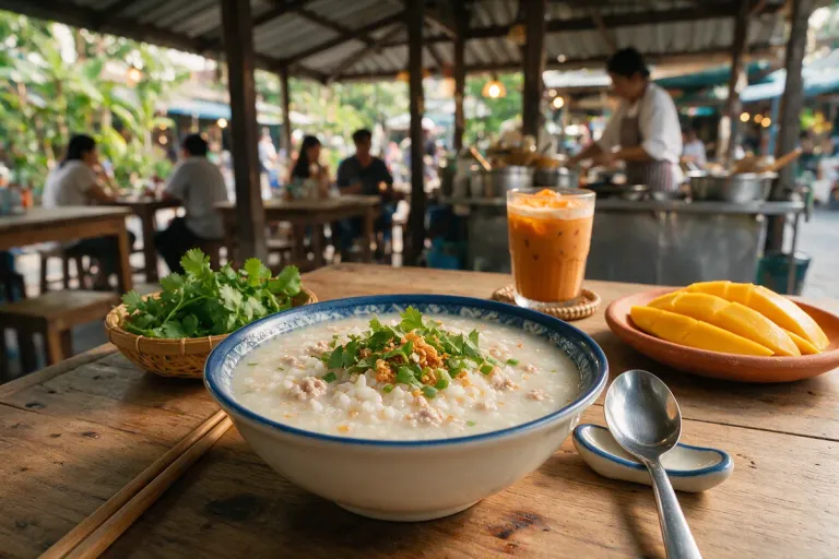 A bowl of Thai rice soup with minced pork, fried garlic and coriander on a street-stall table