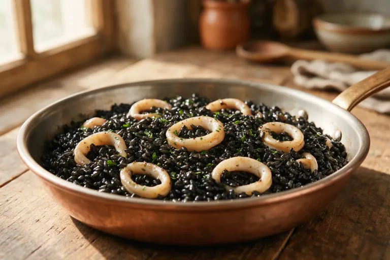 Close view of glossy black rice grains with rings of squid in a shallow pan