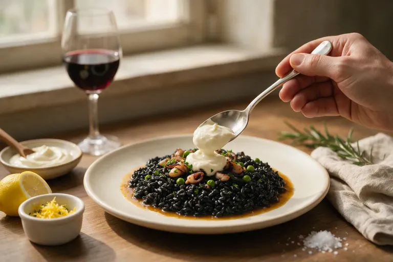 Hands spooning garlic allioli onto a plate of black rice