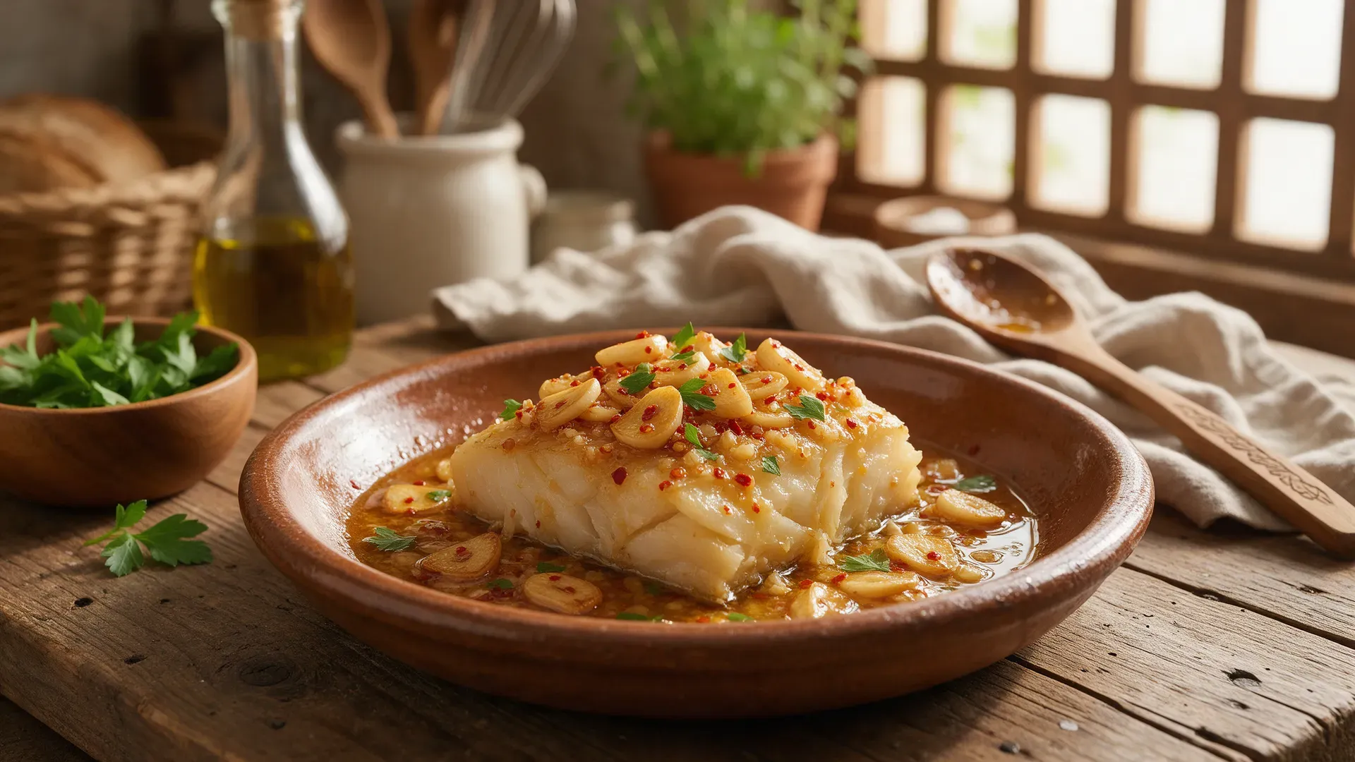 A thick piece of salt cod in a clay dish with a glossy garlic and olive oil sauce
