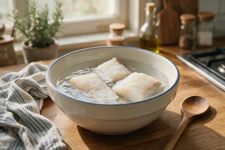 Pieces of white salt cod soaking in a bowl of cold water on a kitchen counter