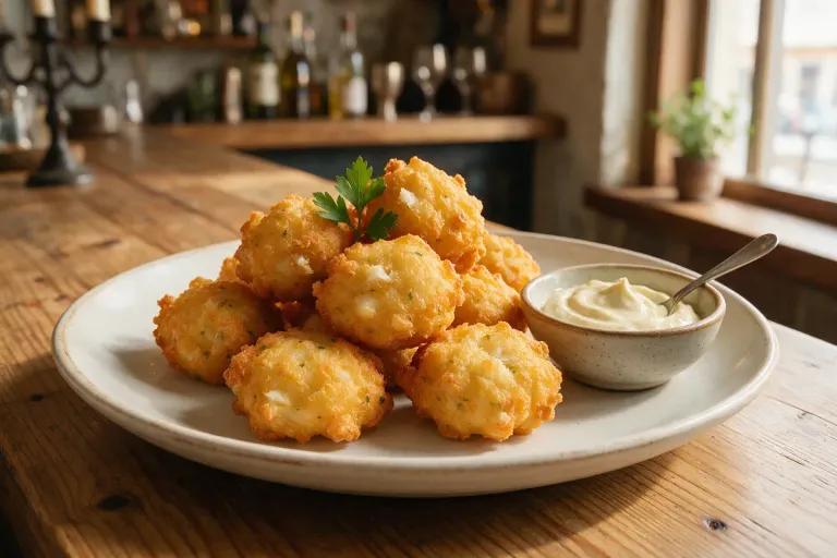 A plate of golden salt cod fritters with a small bowl of aioli on a wooden bar