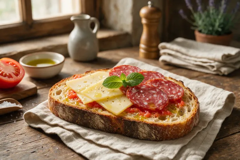 A slice of rustic bread rubbed with tomato and olive oil, topped with cheese and cured sausage