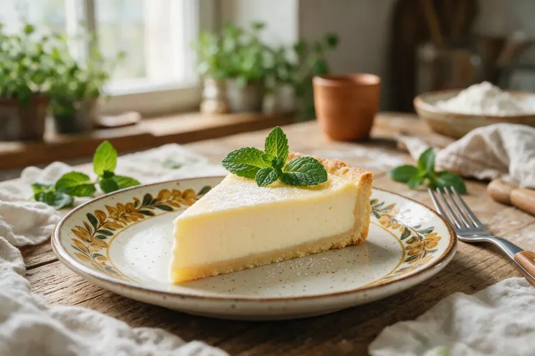 A slice of pale cheese tart with fresh mint leaves on a ceramic plate