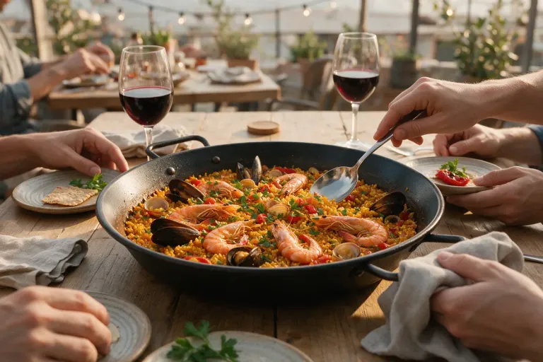 A seafood paella shared at a table with wine glasses