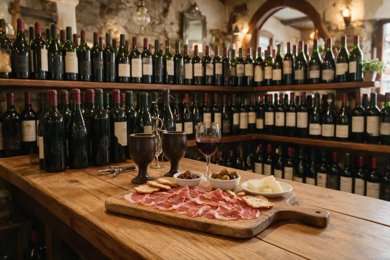 Shelves of red wine bottles behind a bar with a board of carved ibérico pork