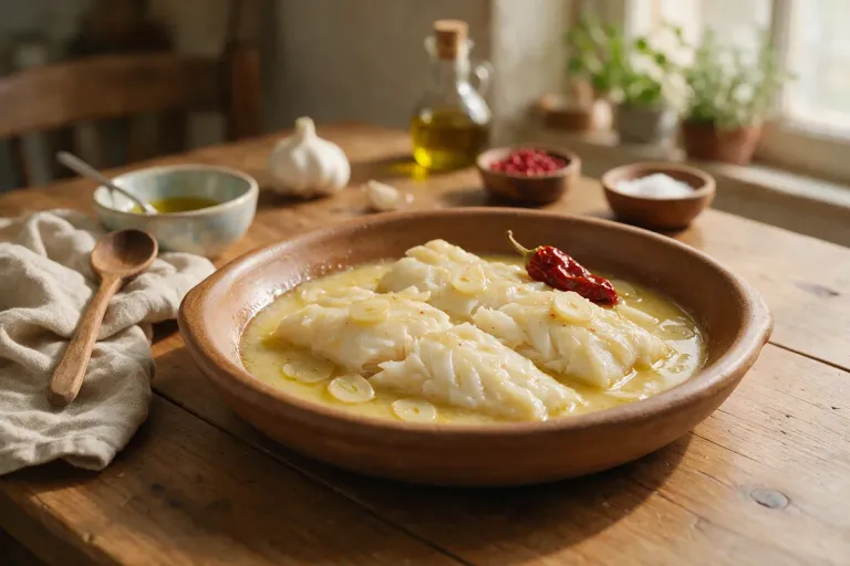 A clay dish of white salt cod fillets in a pale yellow emulsified olive oil sauce