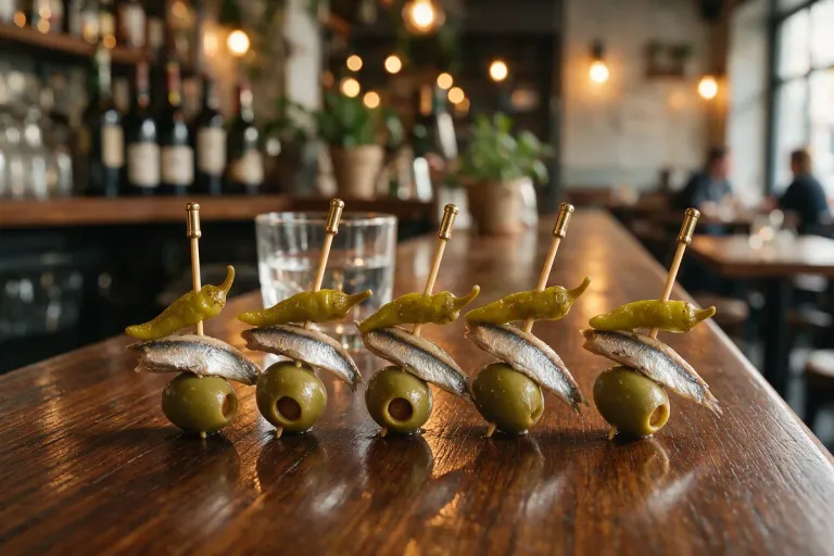 Skewers of green olive, anchovy and pickled green pepper lined up on a bar counter