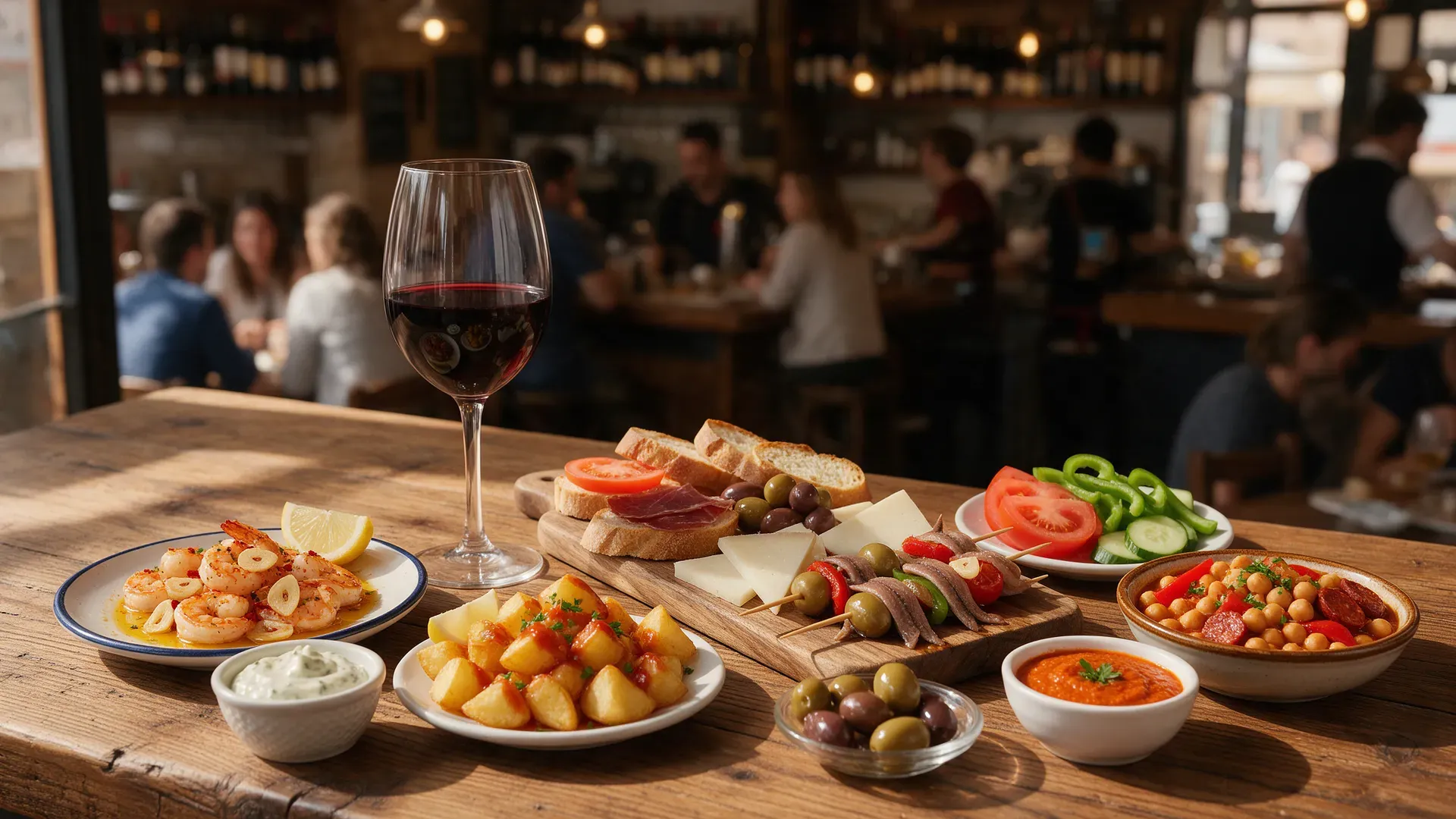 Small plates of Spanish tapas and a glass of red wine on a wooden bar counter