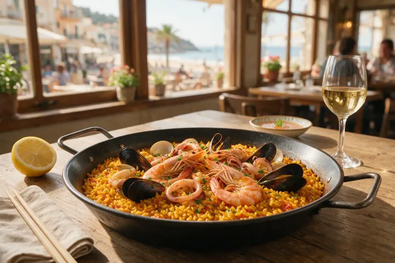 A pan of paella with saffron rice and seafood on a restaurant table