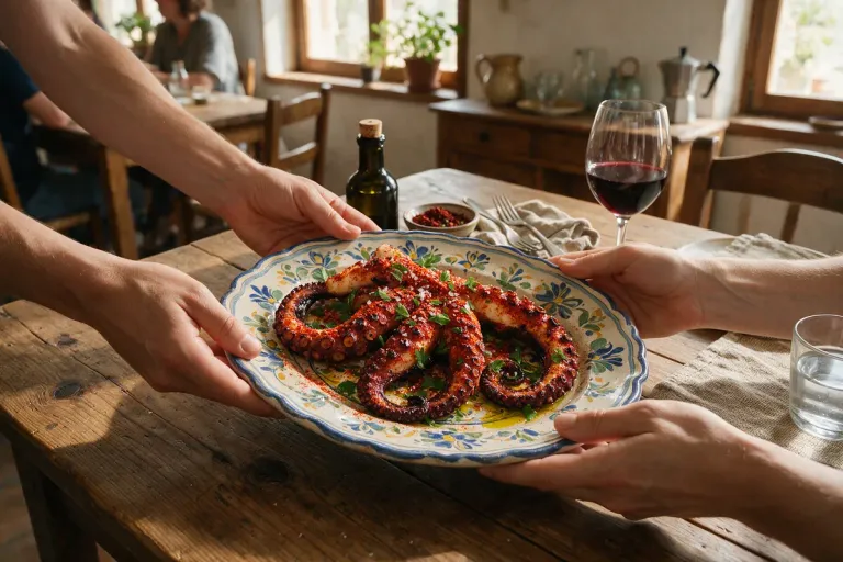 Hands passing a plate of grilled octopus with paprika across a wooden table