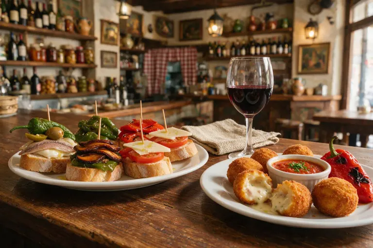 Pintxos on slices of bread and ham croquettes on a bar counter with a glass of wine
