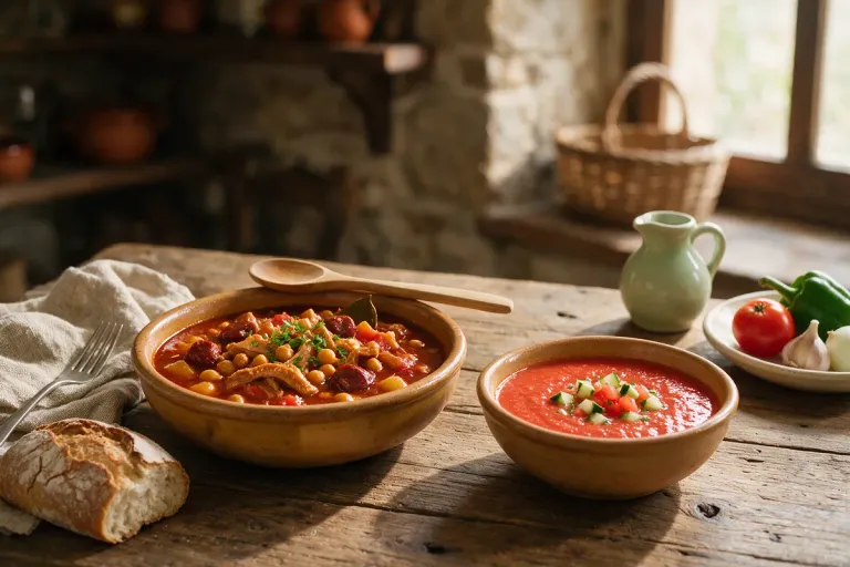 A bowl of tripe and chickpea stew with chorizo next to a bowl of chilled red gazpacho on a rustic table