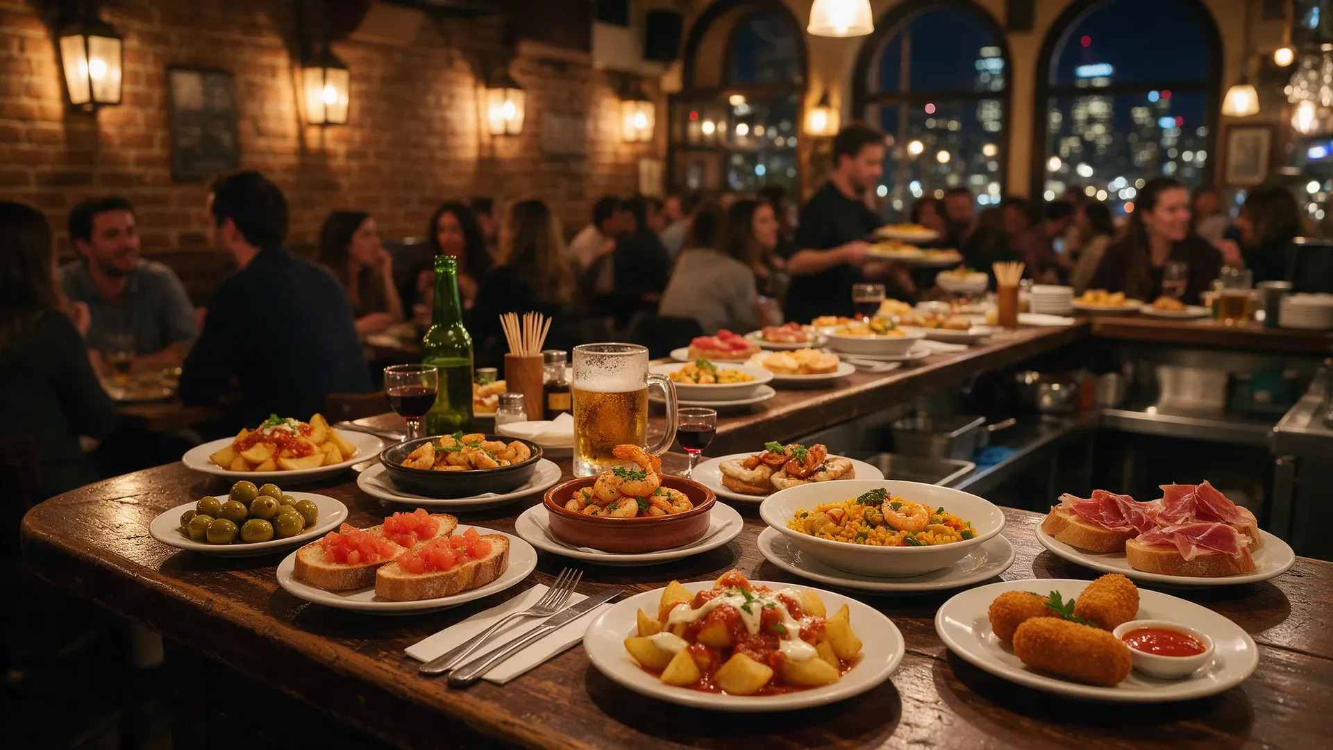 A busy Spanish tapas bar at night